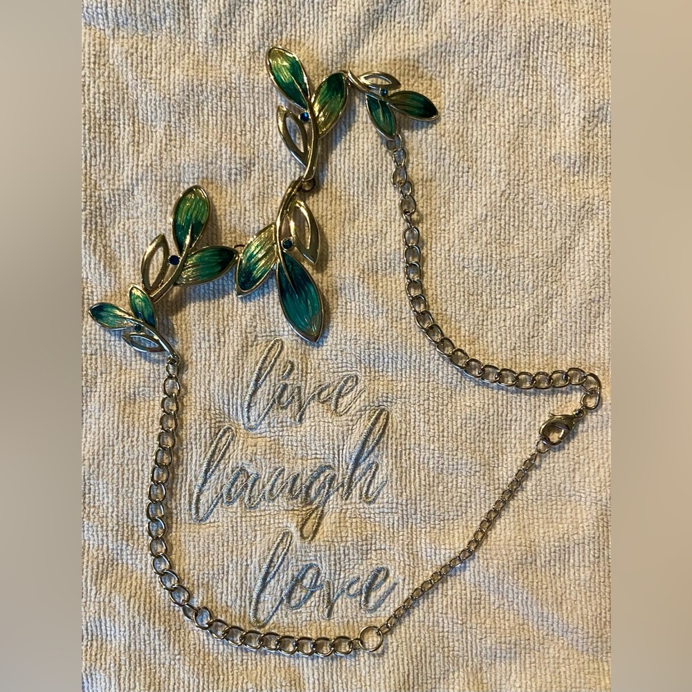 Silver Tone Necklace w/Blue Rhinestones Elegant Teal Flecked Leaf Short- Vintage - Picture 14 of 16